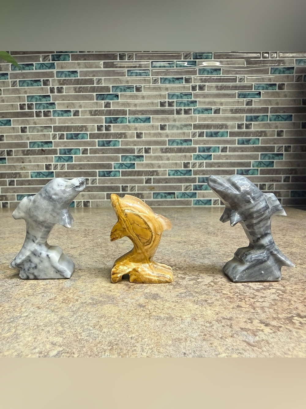 3 Hand Carved Stone Dolphin Statues Figurine Set Grey White Brown Onyx
